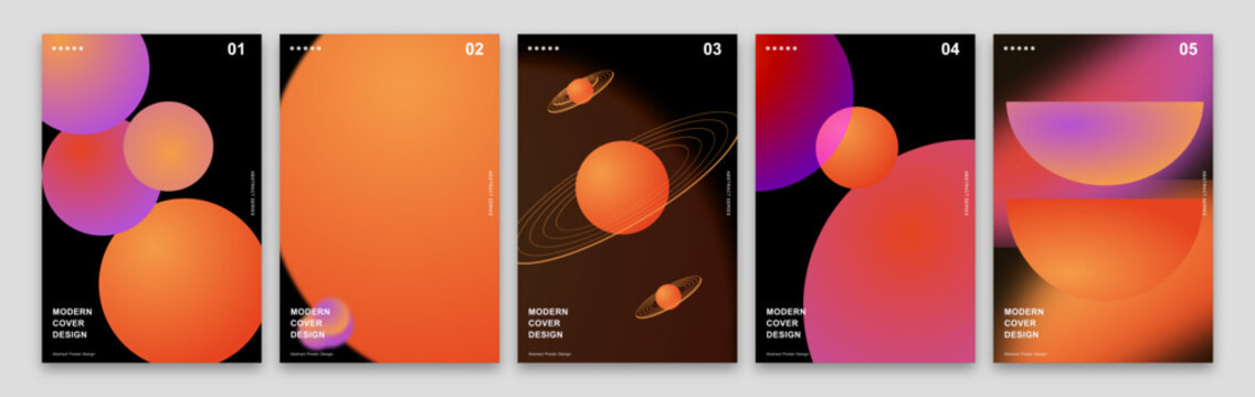 Retro futuristic space poster set with 5 vector templates, abstract cosmic background with orange and purple planets, celestial galaxy cover art
