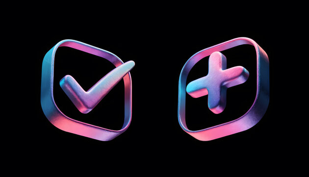 Framed neon checkmark and plus sign icons. Approved verification badge and add button choices. Glossy metallic square frames glowing with blue and pink illumination on dark background