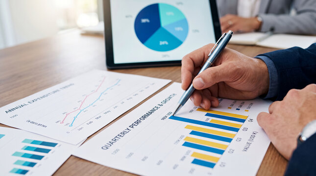 Business meeting with charts and tablet displaying data, symbolizing financial analysis, strategy, and growth, with free space for text.