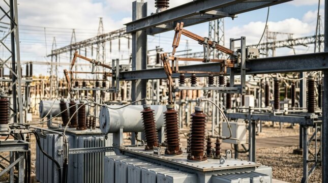 Industrial electrical substation featuring a heavy-duty fuse box and transformers against a cloudy sky background with metal framework and wiring infrastructure visible