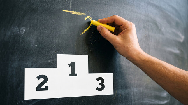 Hand drawing on a blackboard with a podium showing numbers 1, 2, 3, symbolizing achievement and success