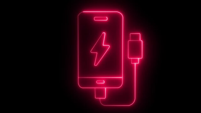 Neon smartphone charging with lightning bolt symbol