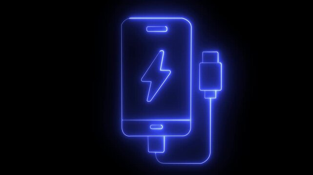 Blue neon smartphone charging with lightning symbol