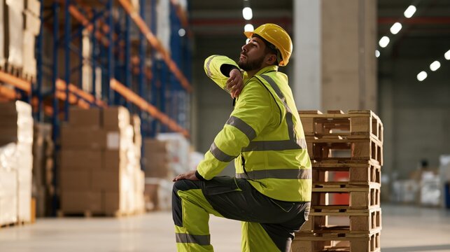 Warehouse worker in high visibility gear taking a brief break to stretch his tired back muscles