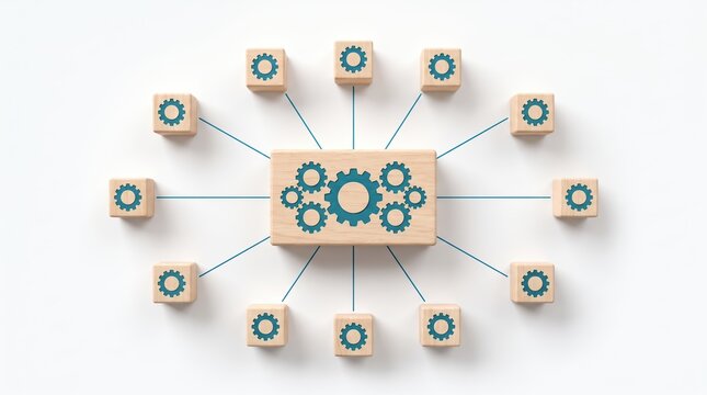 Wooden blocks with gear icons connected by lines showing concept of centralized business management organization network integration data distribution structure and team synergy
