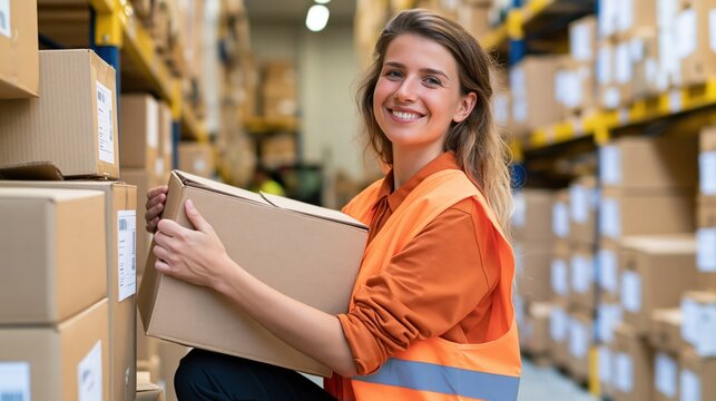 Smiling warehouse worker in an orange safety vest lifting a cardboard box in a storage facility