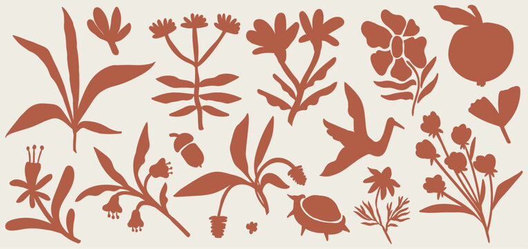 Simple flower shadow wall art collection. Silhouette boho style plants or floral elements for poster, placard or tshirt print set. Abstract hand drawn trendy flowers isolated vector illustration.