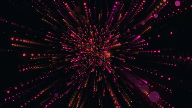 Abstract motion background with glowing particles and light streaks in a radial explosion pattern