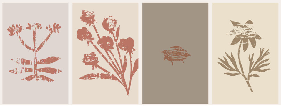 Simple flower shadow wall art poster collection. Silhouette boho style plants or floral elements placard or tshirt print set. Abstract hand drawn trendy flower backgrounds for greeting invitation card
