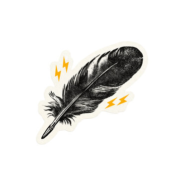 Halftone feather quill pen with yellow lightning bolts and die-cut sticker border isolated on a transparent background