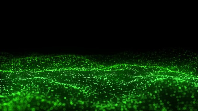 Green wave of particles and lines. Big data visualization. Abstract background with a dynamic wave. 3d rendering.