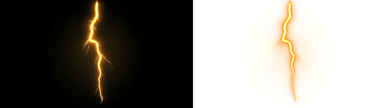 Lightning strike on a transparent background, yellow lightning flash. Lightning, lightning strike PNG. Natural light effect.