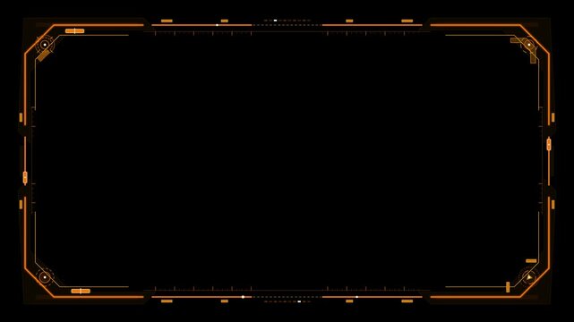 Futuristic orange tech hud interface frame on black background for sci fi data display