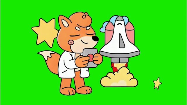Cute Fox Scientist Launching Rocket &mdash; 3D Cartoon Animation on Green Screen