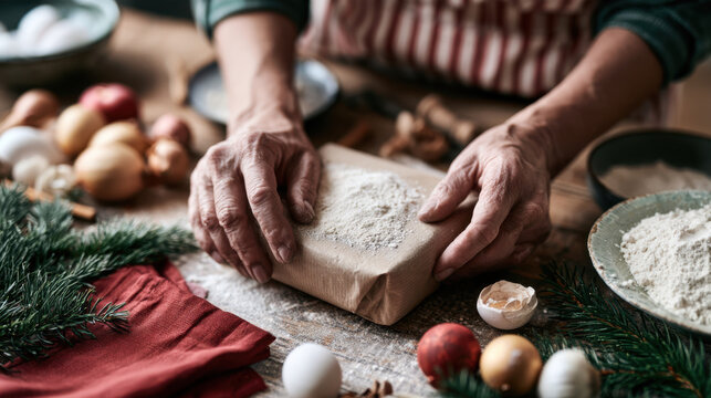 Hands checking food package information while preparing christmas meal in a festive kitchen