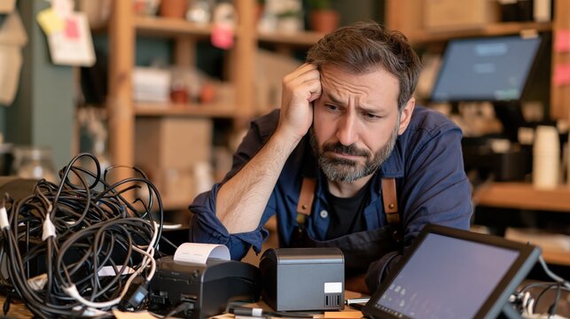 Stressed small business owner struggling with a complex point of sale system technical failure