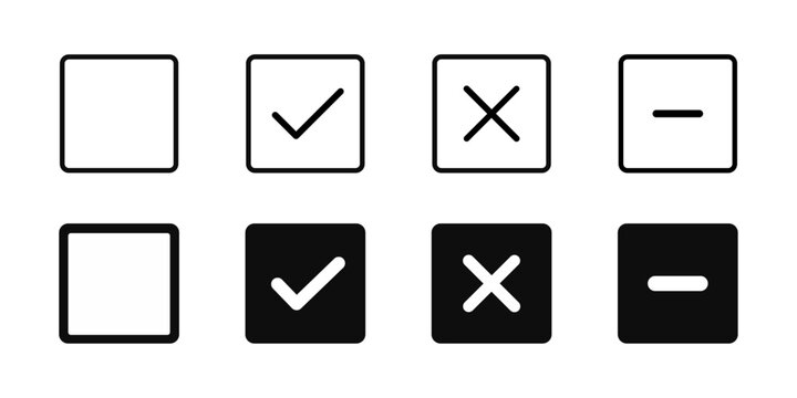 Checkbox states icon set with check, cross and minus symbols in outline and solid styles. UI Selection control buttons for forms, settings and web UI