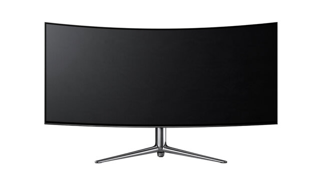 Wide curved computer monitor with black screen and metallic tripod stand