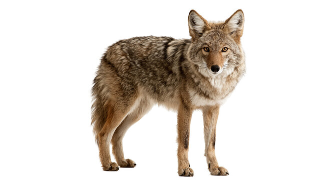 Full body portrait of a standing North American coyote with thick brown fur