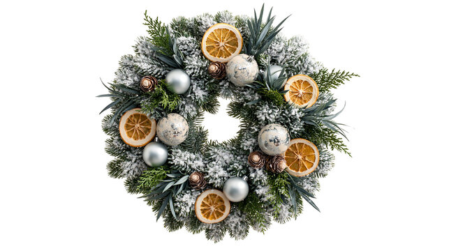 Snowy Christmas wreath with silver baubles, pine cones and dried orange slices