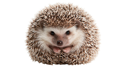 Small African pygmy hedgehog with brown and white quills curled into a ball © Ophelia