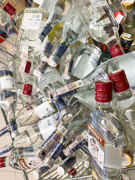 Żory, June 9, 2026 &mdash; Shopping Cart Filled with Vodka Bottles at Biedronka