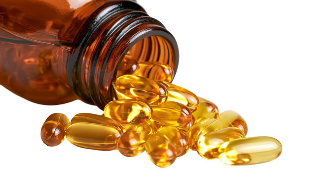 Amber glass bottle spilling golden yellow omega 3 fish oil softgel capsules