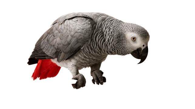 African Grey Parrot with grey plumage and bright red tail feathers