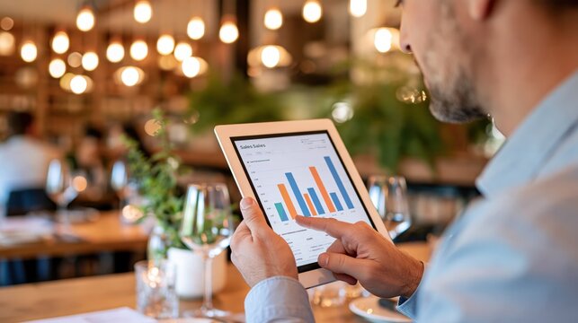Restaurant manager reviewing digital sales performance data on a tablet in a dining room setting