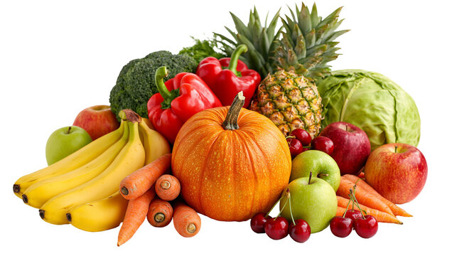 Fresh assorted organic fruits and vegetables including pumpkin and pineapple