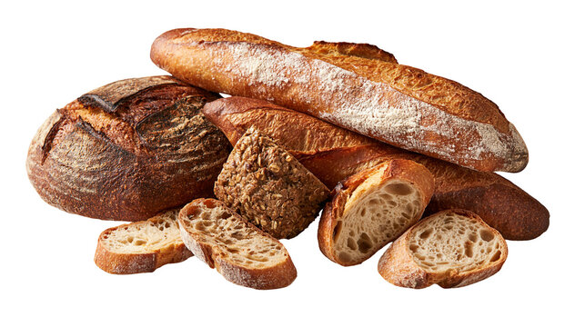 Assorted rustic sourdough loaves and sliced baguette with grains and seeds