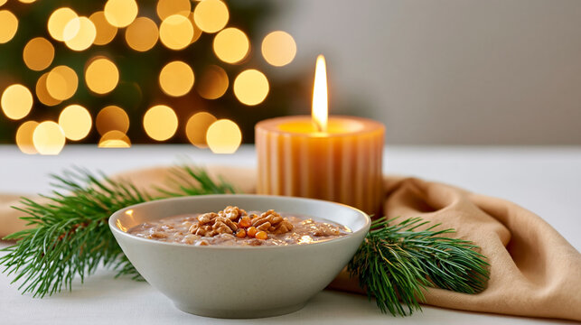 Christmas kutia bowl with walnuts, pine branches, candlelight and glowing festive bokeh against neutral background, Ukrainian Christmas Eve