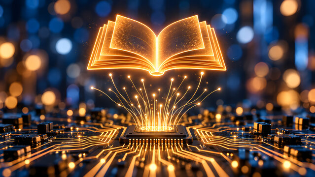 Glowing Open Book Floating Above Futuristic Circuit Board with Golden Light Trails and Digital Sparks on Dark Blue Background Concept of Artificial Intelligence Online Education and Digital Knowledge