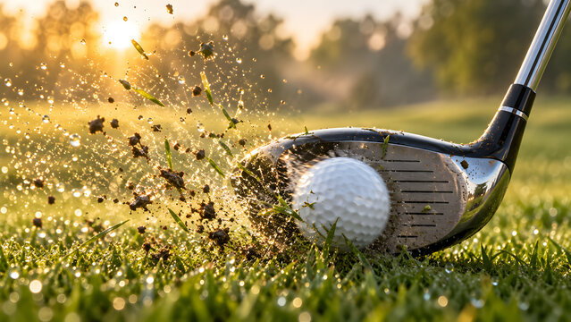 Close Up Golf Club Striking White Golf Ball on Lush Green Fairway with Flying Grass and Dirt in Warm Golden Sunset Light Dynamic Sports Action Professional Golf Swing Outdoor Championship Concept