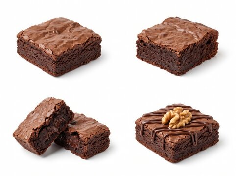 A collection of delicious homemade chocolate brownies isolated on a white background for food photography
