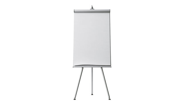 Empty white flipchart paper pad on a silver metal tripod stand