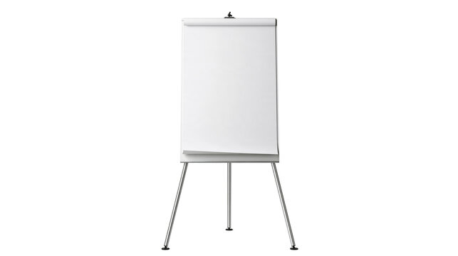 Empty white paper flipchart on a metal tripod stand for office presentations