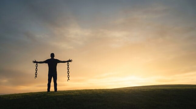 Silhouette of man on grassy hill breaking iron wrist chains with arms outstretched against warm sunset sky