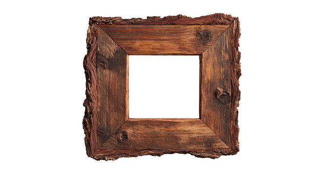 Rustic square wooden picture frame with natural bark edges and dark brown grain