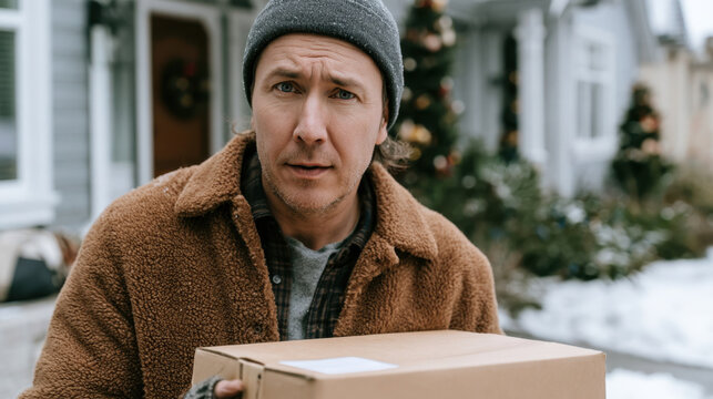 Concerned man holding a christmas parcel outside a snowy home after discovering a package delivered to the wrong neighboring doorstep