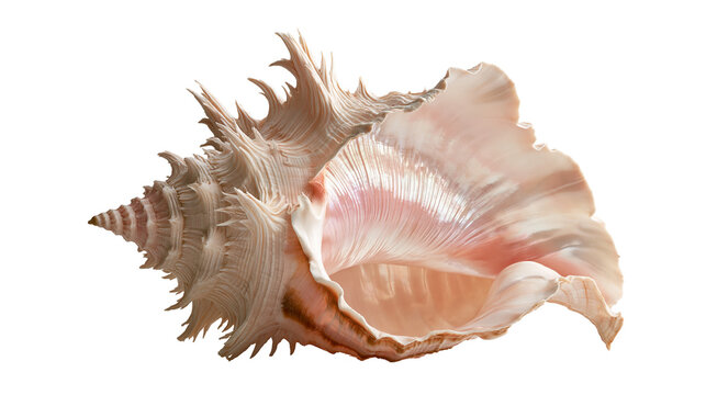 Spiky pinkish brown murex seashell with intricate spiral texture