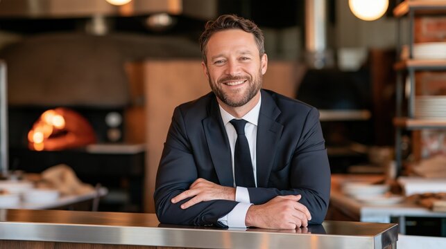 Professional restaurant owner in a dark suit leaning on a stainless steel counter in his kitchen