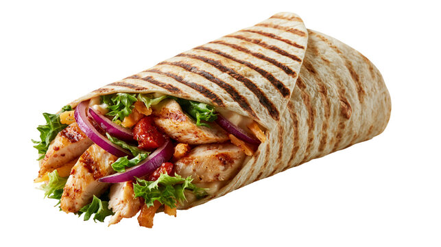 Grilled chicken wrap with fresh lettuce, red onion and tomatoes in toasted tortilla