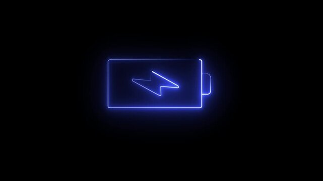 Neon battery icon with lightning bolt symbol glowing on dark background