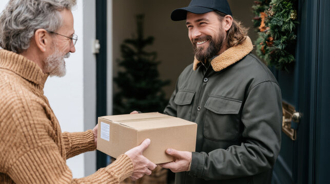 Senior customer receiving a christmas delivery parcel from a smiling courier at the front door