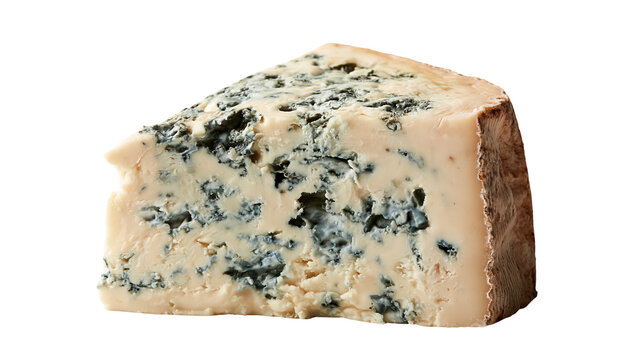 Wedge of creamy blue cheese with distinct blue mold veins and natural rind