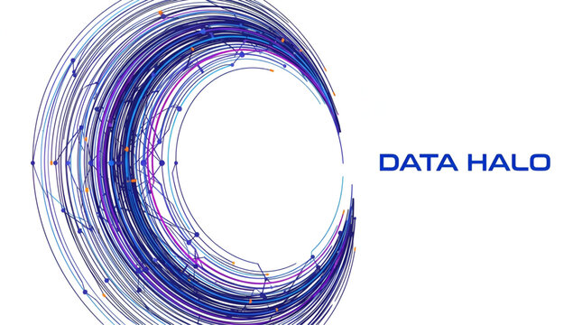 Abstract crescent data halo digital graphic with blue and orange nodes for technology visualization and complex network analytics.