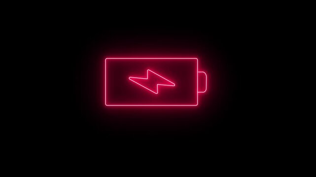 Neon battery icon with charging arrow on dark background