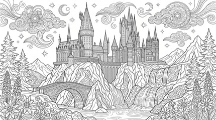 Obraz premium Fairytale Fantasy Castle on Mountain Cliff with Waterfalls Adult Antistress Coloring Page Line Art