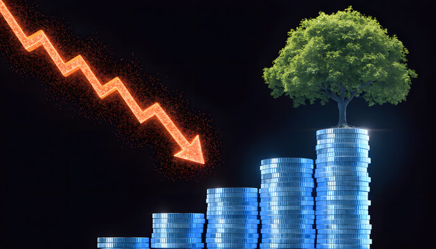 Financial market volatility and sustainable wealth management. Investment inflation and crash risk. Growing tree on stack of money coins facing plunging red downward arrow